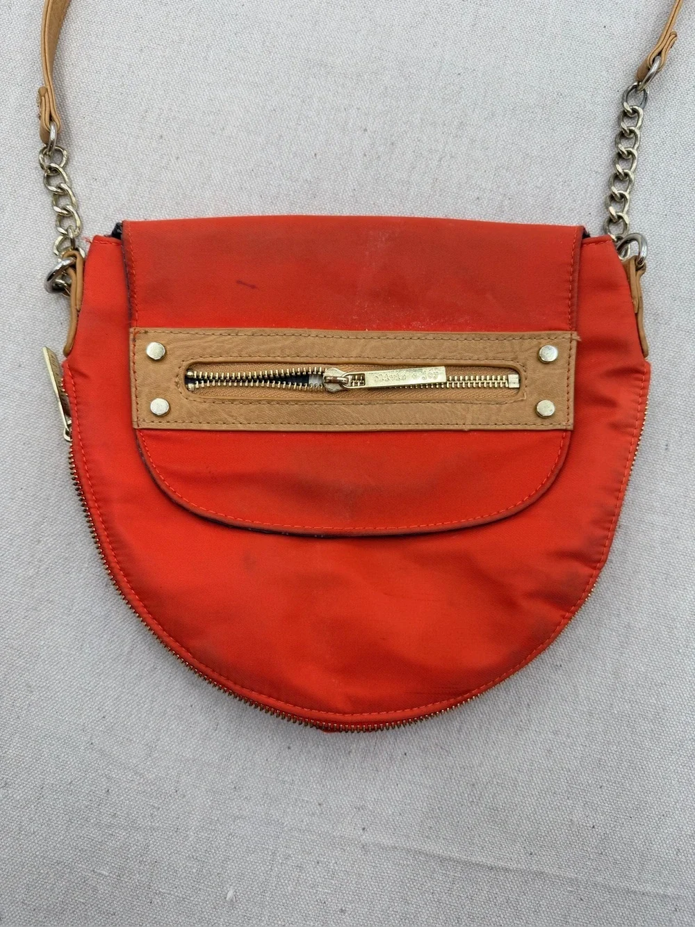 Compact Orange Crossbody with Tan Trim and Gold Hardware